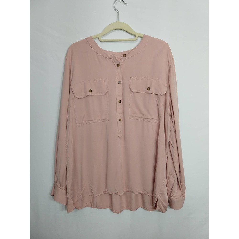 LOFT Long-sleeved Button Crewneck Blouse With Pockets - Picture 1 of 8